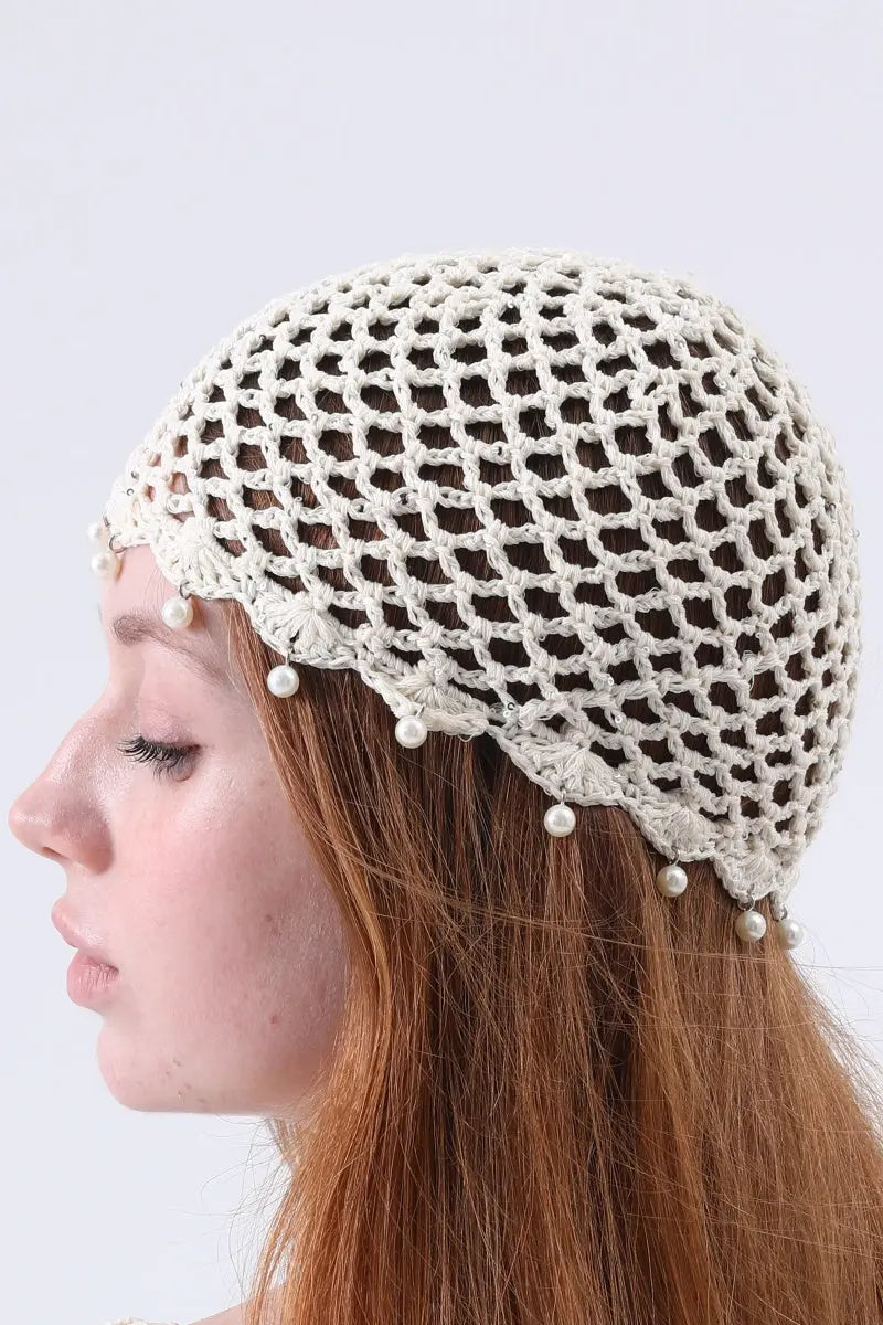 Boho Sequin Pearl Tassel Crochet Beanie – Lightweight Hollow Knit Hat - NeoKira Unlimited
