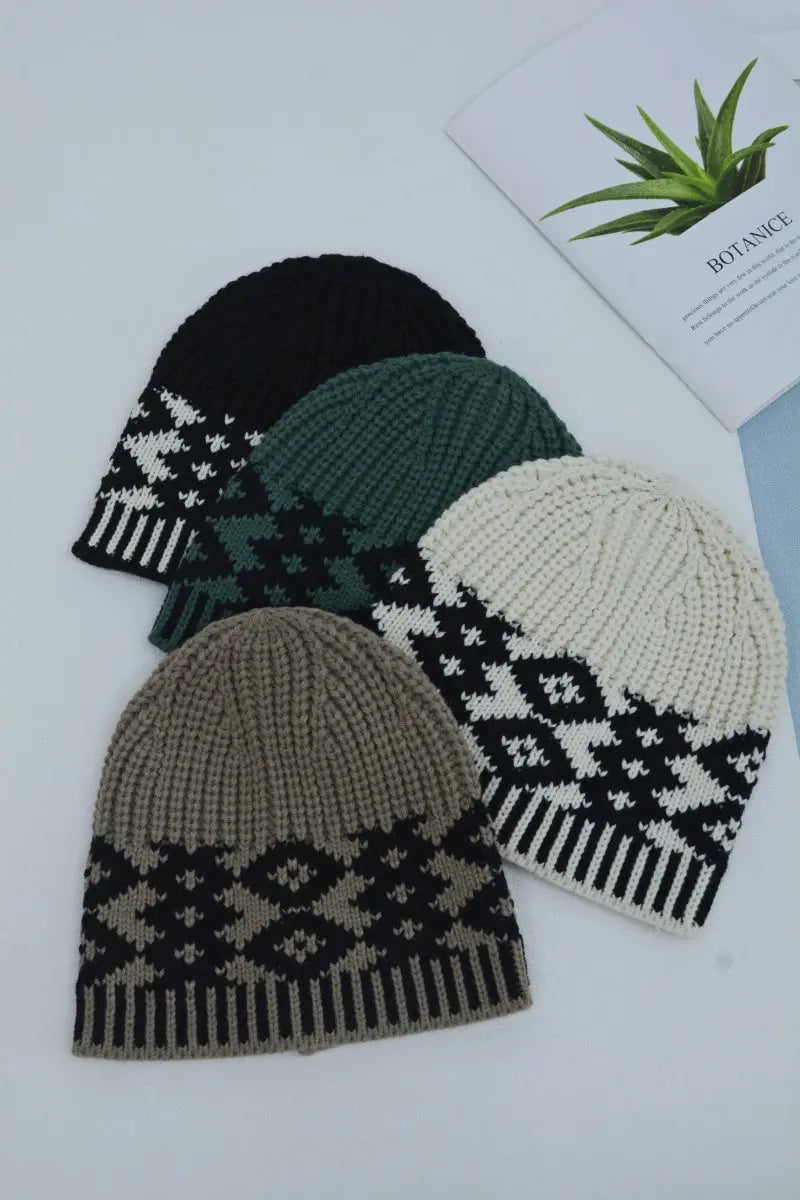 Vintage Fair Isle Knit Beanie Soft Geometric Pattern Winter - NeoKira Unlimited