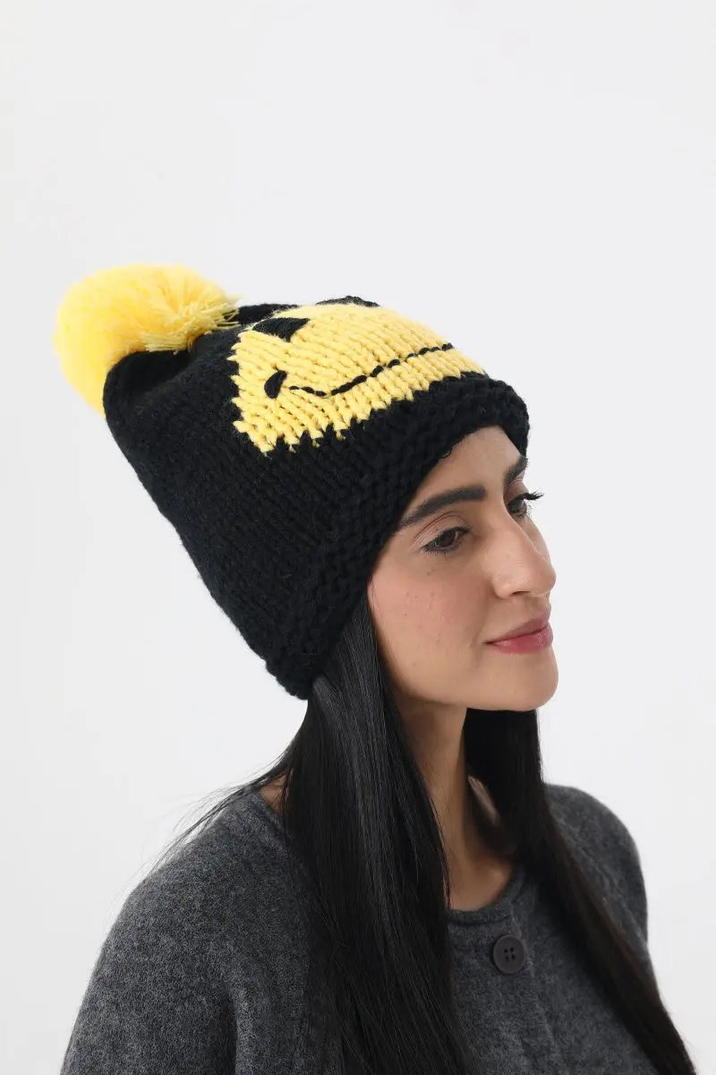 Handmade Smiley Pom Pom Knit Winter Beanie For Women ☃️😊 - NeoKira Unlimited