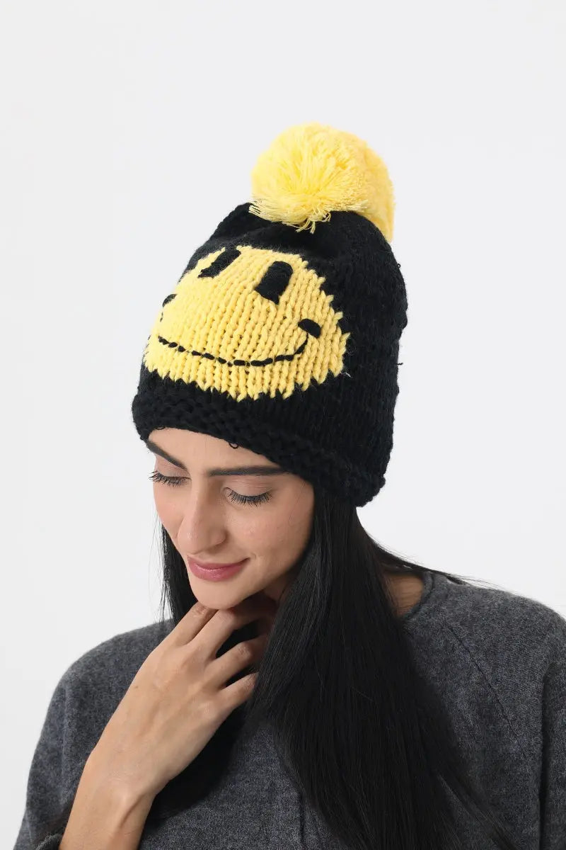 Handmade Smiley Pom Pom Knit Winter Beanie For Women ☃️😊 - NeoKira Unlimited
