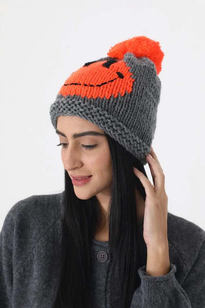 Handmade Smiley Pom Pom Knit Winter Beanie For Women ☃️😊 - NeoKira Unlimited