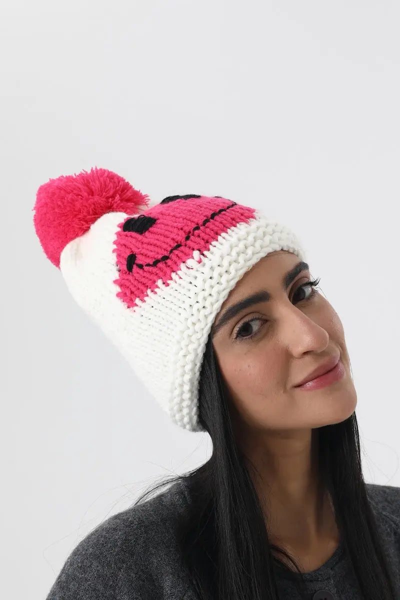 Handmade Smiley Pom Pom Knit Winter Beanie For Women ☃️😊 - NeoKira Unlimited
