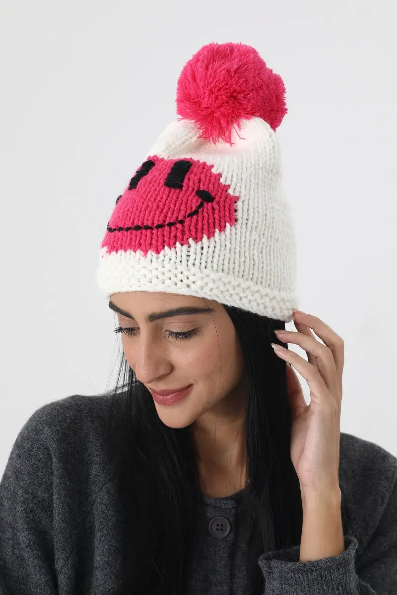 Handmade Smiley Pom Pom Knit Winter Beanie For Women ☃️😊 - NeoKira Unlimited