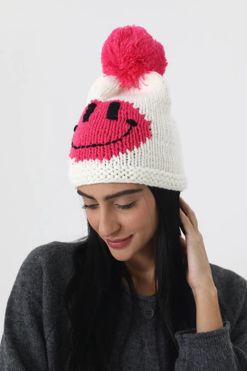 Handmade Smiley Pom Pom Knit Winter Beanie For Women ☃️😊 - NeoKira Unlimited