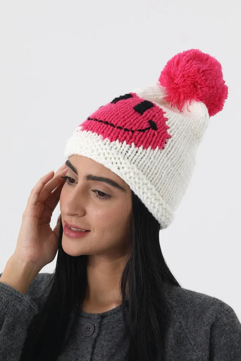 Handmade Smiley Pom Pom Knit Winter Beanie For Women ☃️😊 - NeoKira Unlimited