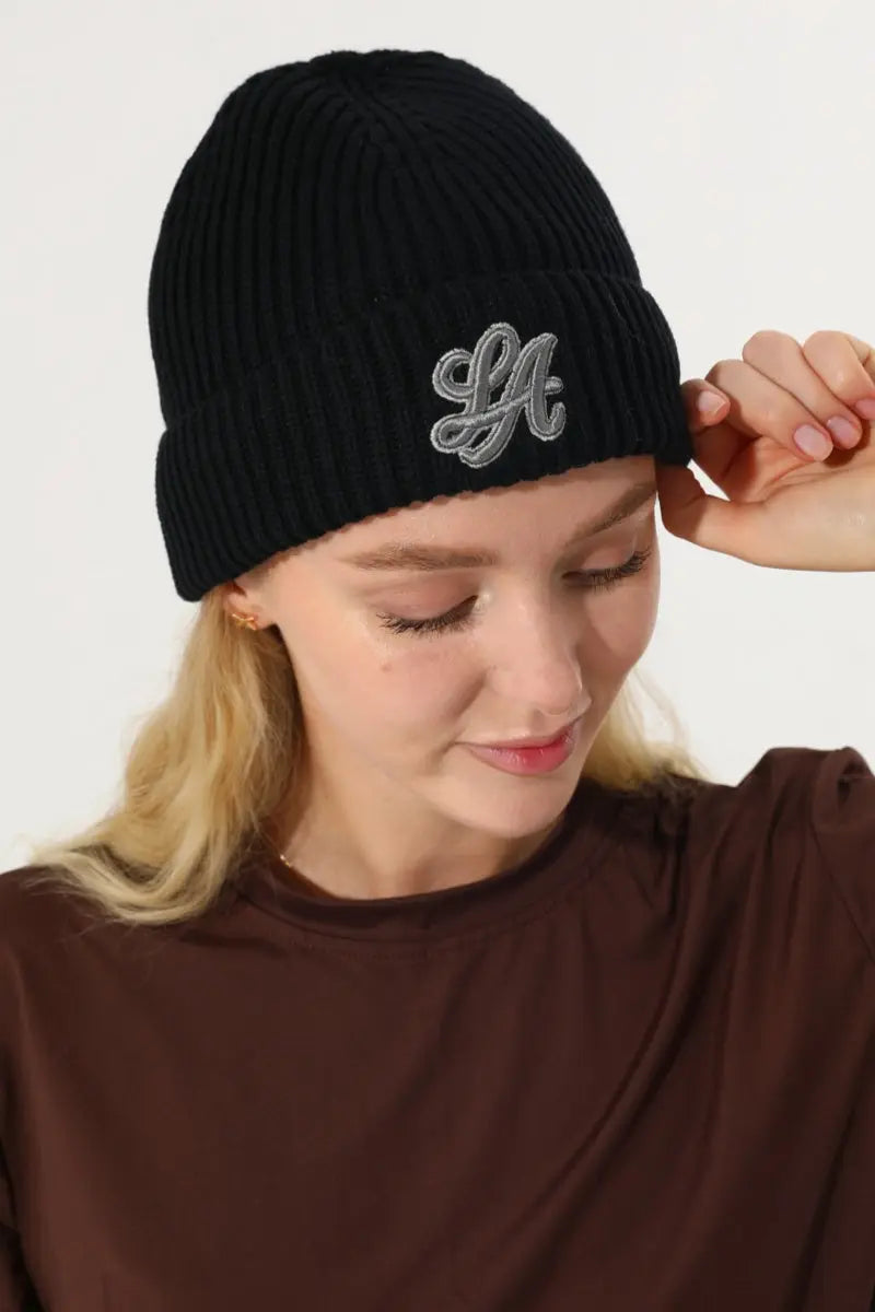 Women LA Embroidery Ribbed Knit Cuff Beanie Winter Hat 🧶❄️ - NeoKira Unlimited