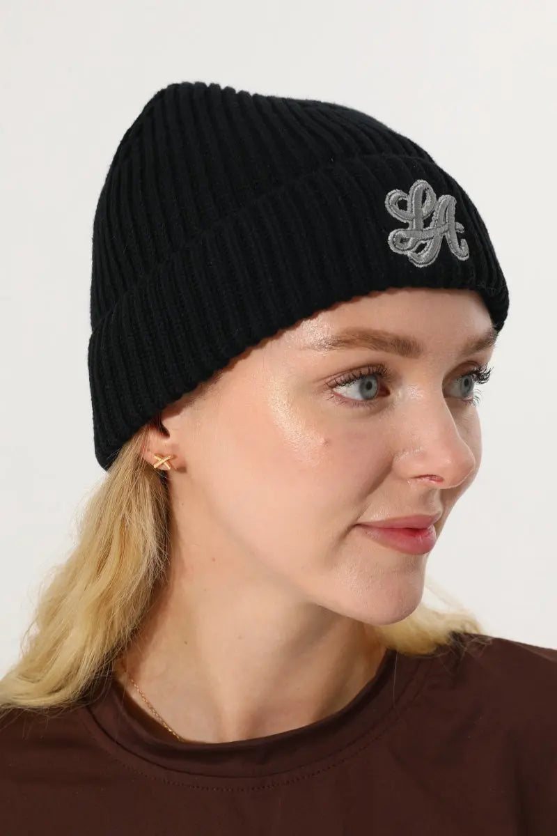 Women LA Embroidery Ribbed Knit Cuff Beanie Winter Hat 🧶❄️ - NeoKira Unlimited