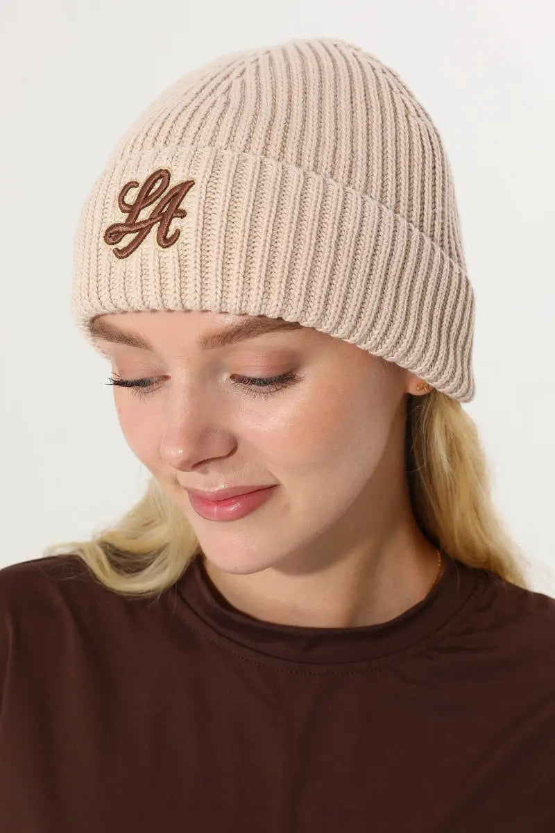 Women LA Embroidery Ribbed Knit Cuff Beanie Winter Hat 🧶❄️ - NeoKira Unlimited