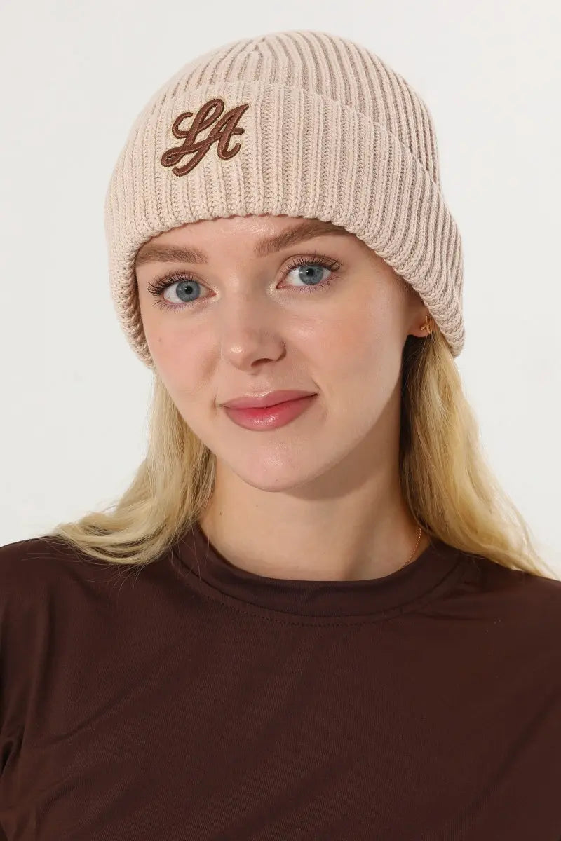 Women LA Embroidery Ribbed Knit Cuff Beanie Winter Hat 🧶❄️ - NeoKira Unlimited