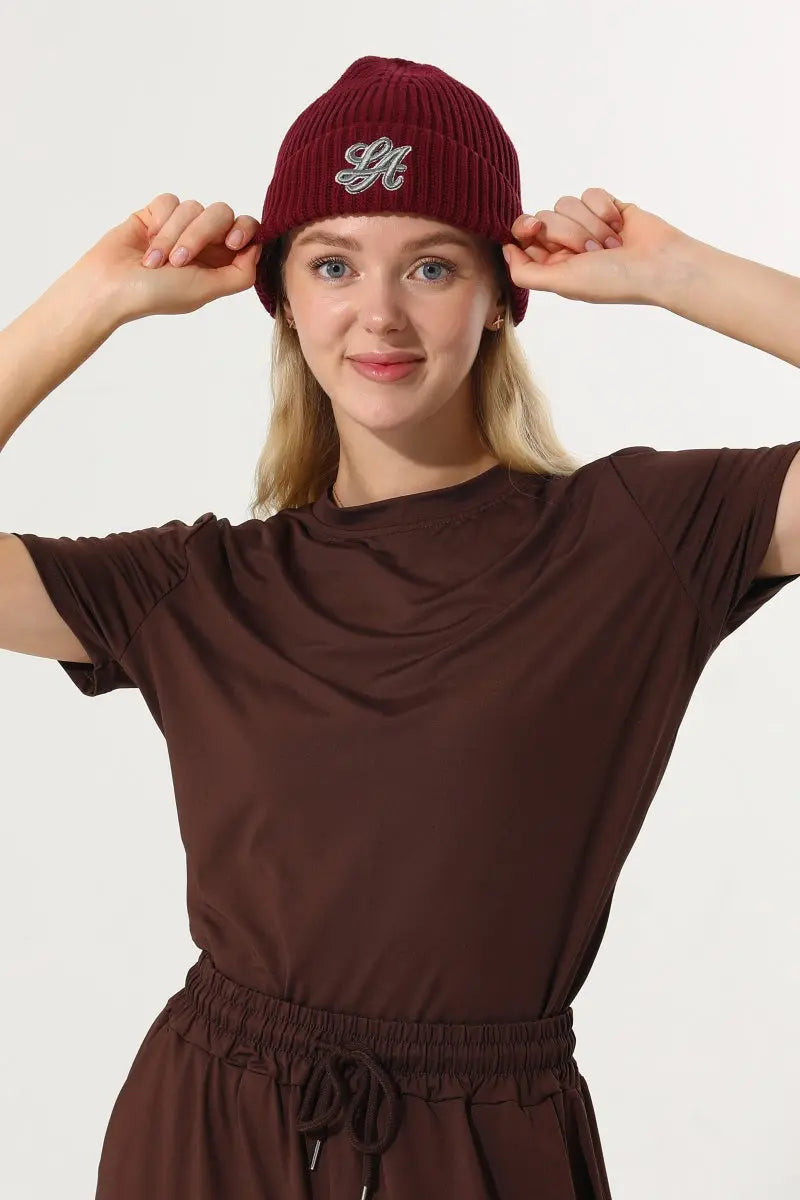 Women LA Embroidery Ribbed Knit Cuff Beanie Winter Hat 🧶❄️ - NeoKira Unlimited