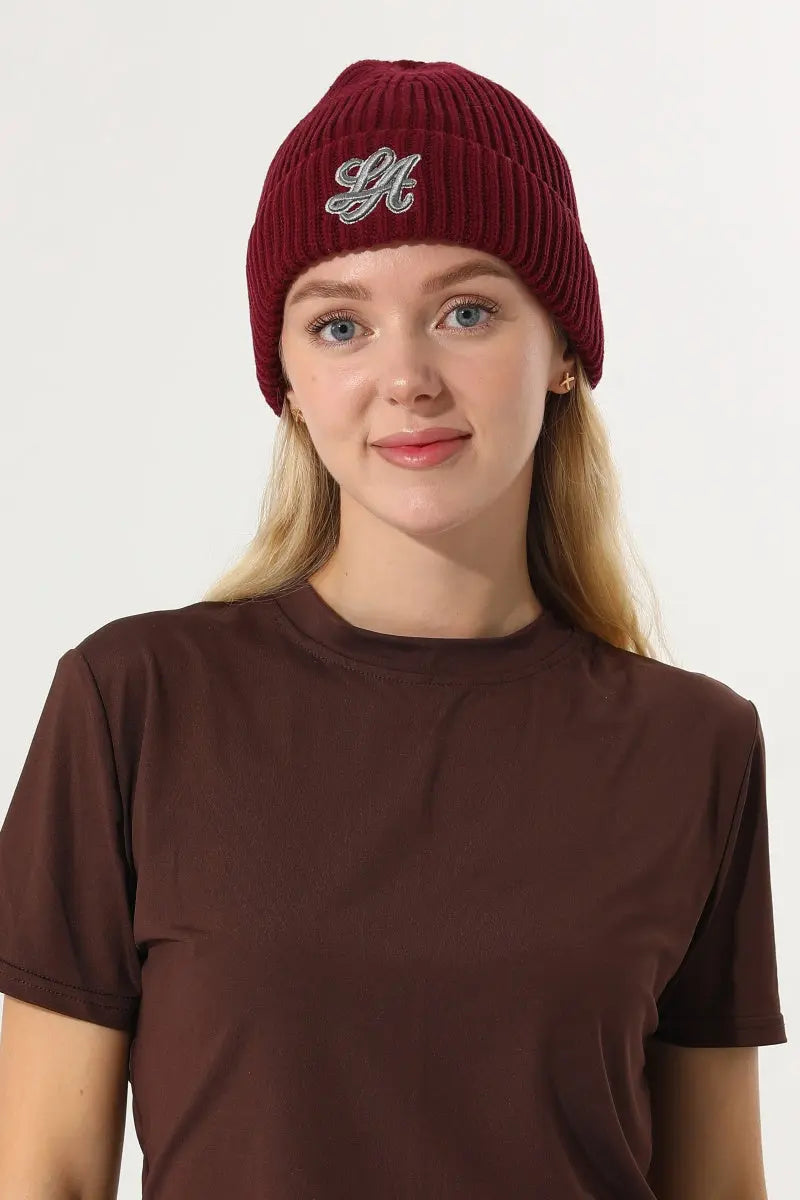 Women LA Embroidery Ribbed Knit Cuff Beanie Winter Hat 🧶❄️ - NeoKira Unlimited