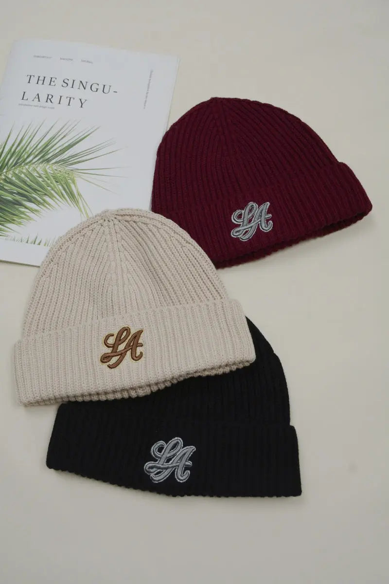Women LA Embroidery Ribbed Knit Cuff Beanie Winter Hat 🧶❄️ - NeoKira Unlimited