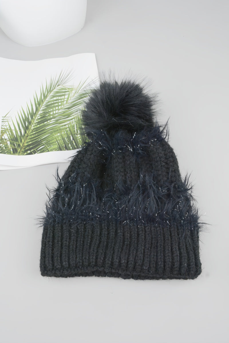 Women Fluffy Knit Beanie With Faux Fur Pom Pom Winter Hat - NeoKira Unlimited