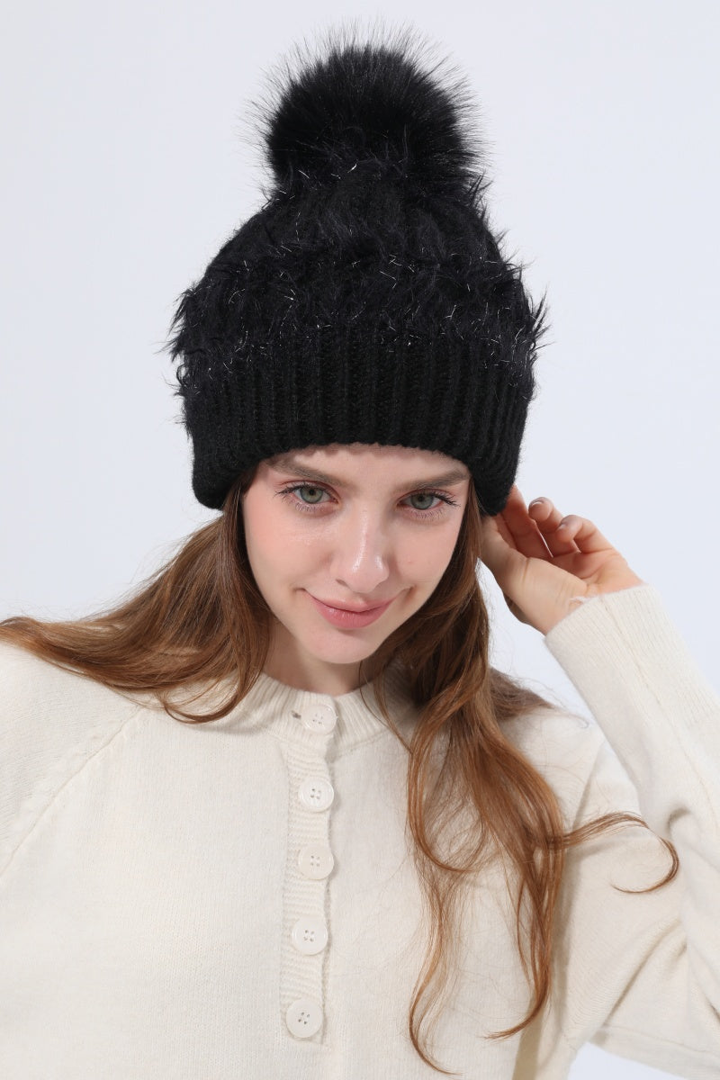 Women Fluffy Knit Beanie With Faux Fur Pom Pom Winter Hat - NeoKira Unlimited