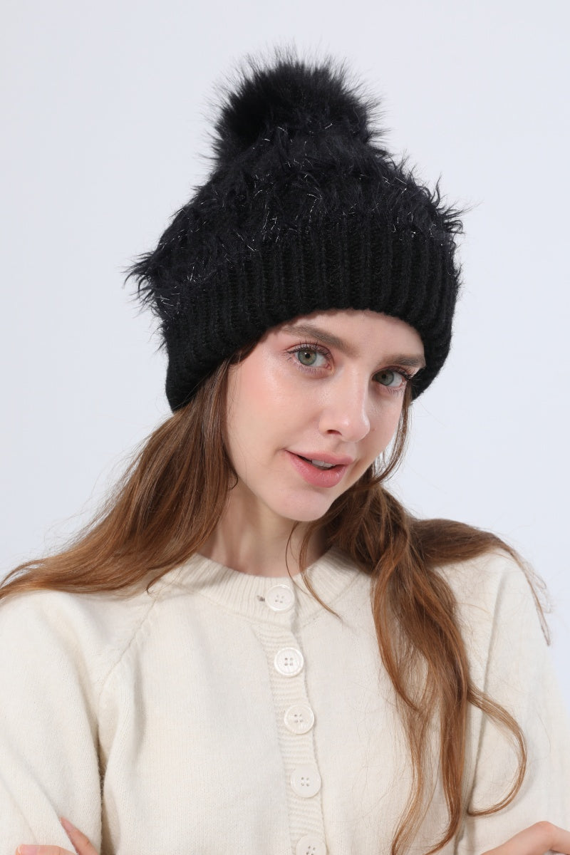 Women Fluffy Knit Beanie With Faux Fur Pom Pom Winter Hat - NeoKira Unlimited