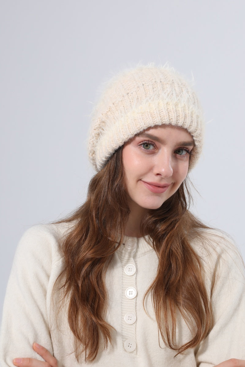 Women Fluffy Knit Beanie With Faux Fur Pom Pom Winter Hat - NeoKira Unlimited