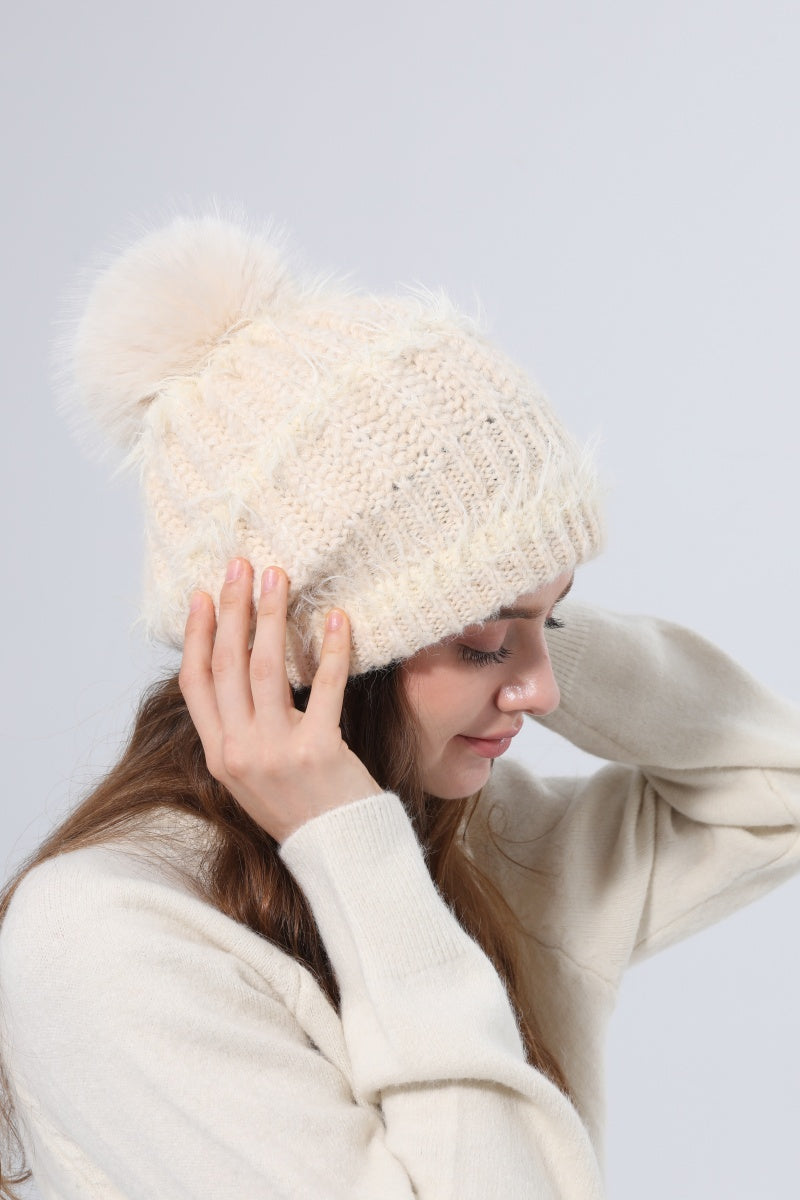 Women Fluffy Knit Beanie With Faux Fur Pom Pom Winter Hat - NeoKira Unlimited