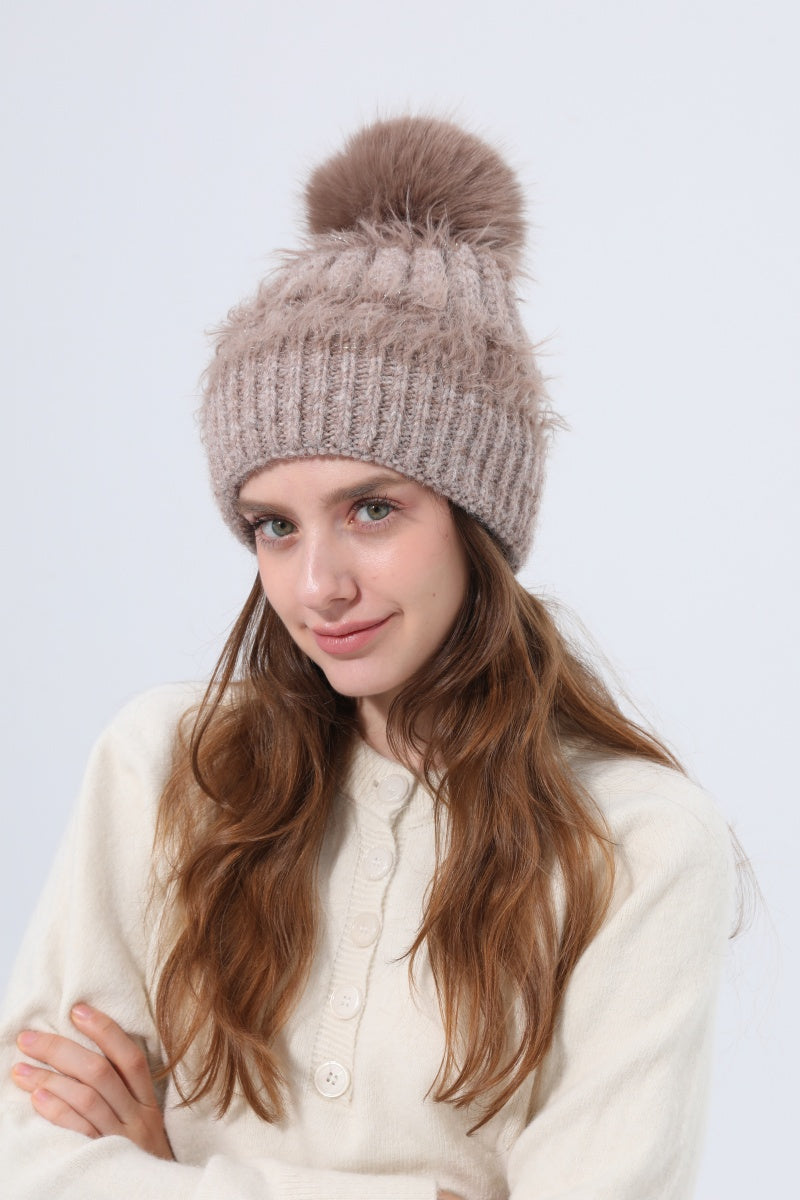 Women Fluffy Knit Beanie With Faux Fur Pom Pom Winter Hat - NeoKira Unlimited
