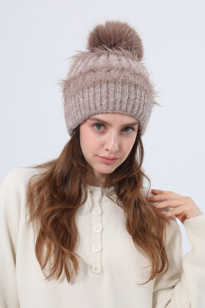 Women Fluffy Knit Beanie With Faux Fur Pom Pom Winter Hat - NeoKira Unlimited