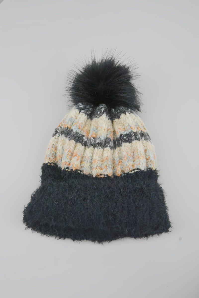 Women Color Mix Knit Beanie With Faux Fur Pom Pom Winter Hat - NeoKira Unlimited