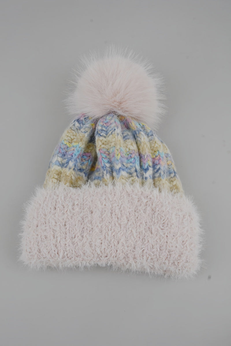 Women Color Mix Knit Beanie With Faux Fur Pom Pom Winter Hat - NeoKira Unlimited