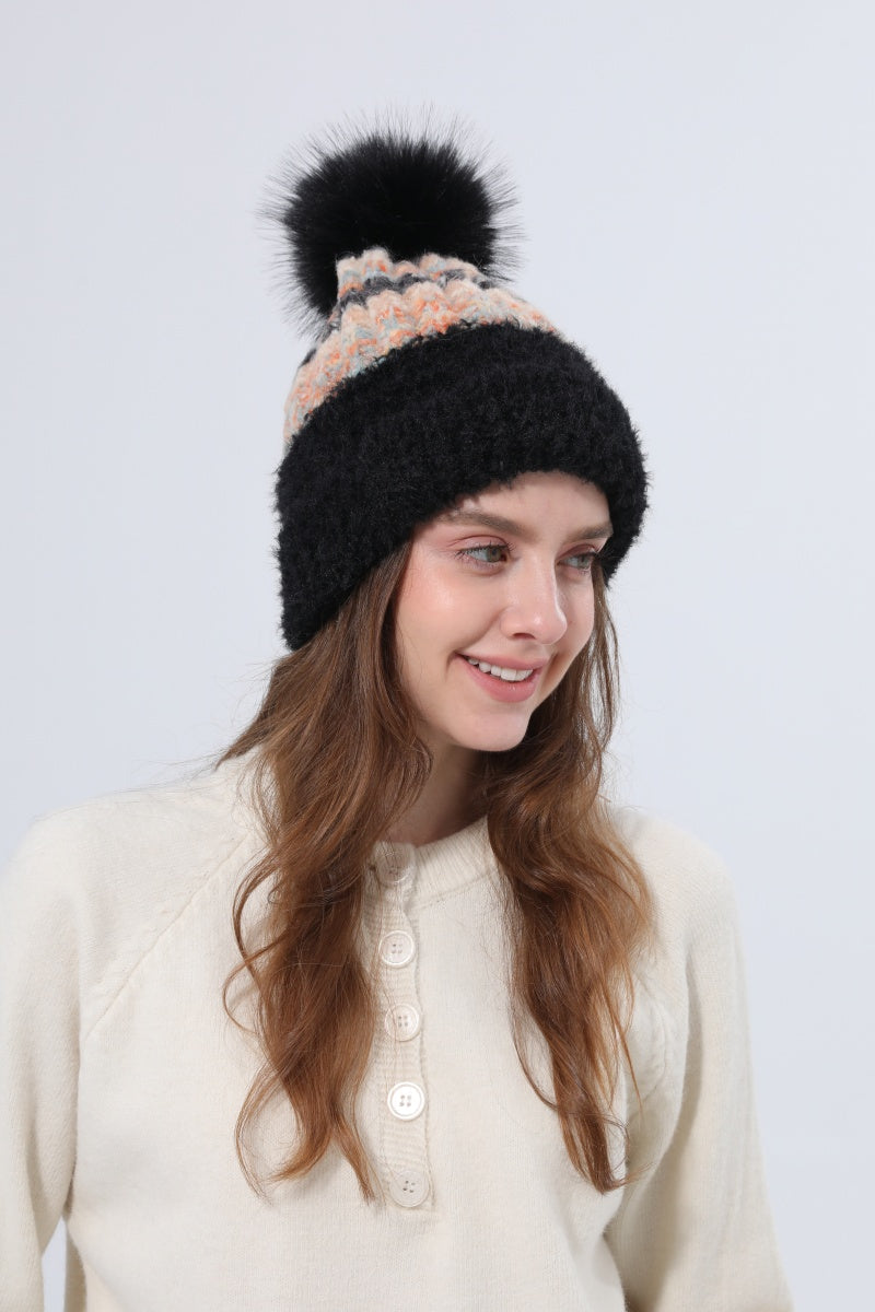 Women Color Mix Knit Beanie With Faux Fur Pom Pom Winter Hat - NeoKira Unlimited