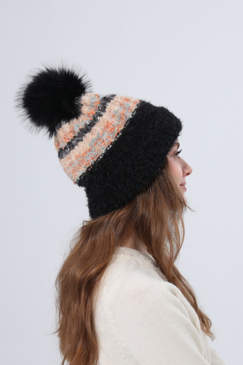 Women Color Mix Knit Beanie With Faux Fur Pom Pom Winter Hat - NeoKira Unlimited