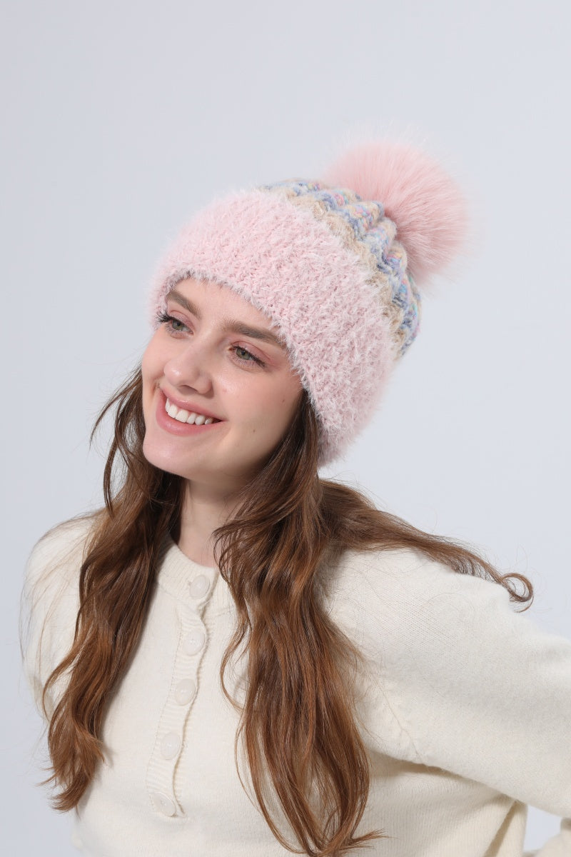 Women Color Mix Knit Beanie With Faux Fur Pom Pom Winter Hat - NeoKira Unlimited