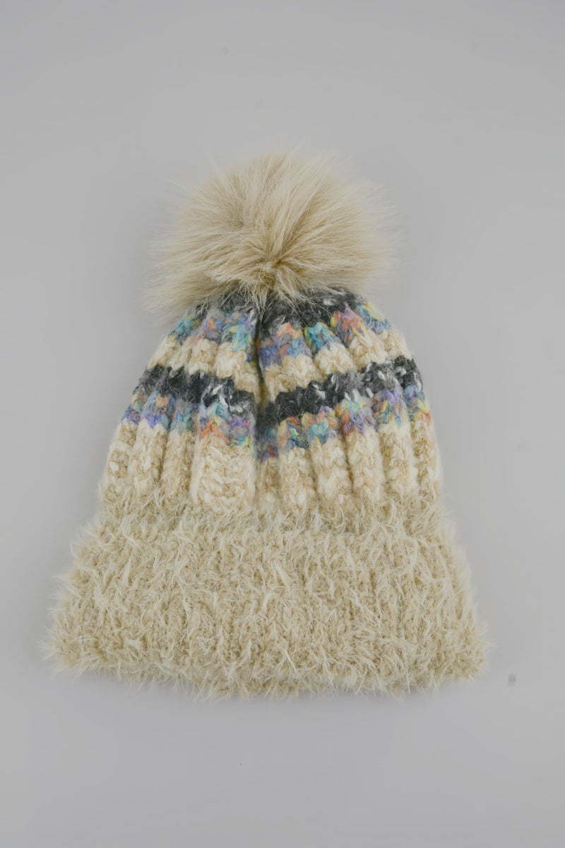 Women Color Mix Knit Beanie With Faux Fur Pom Pom Winter Hat - NeoKira Unlimited