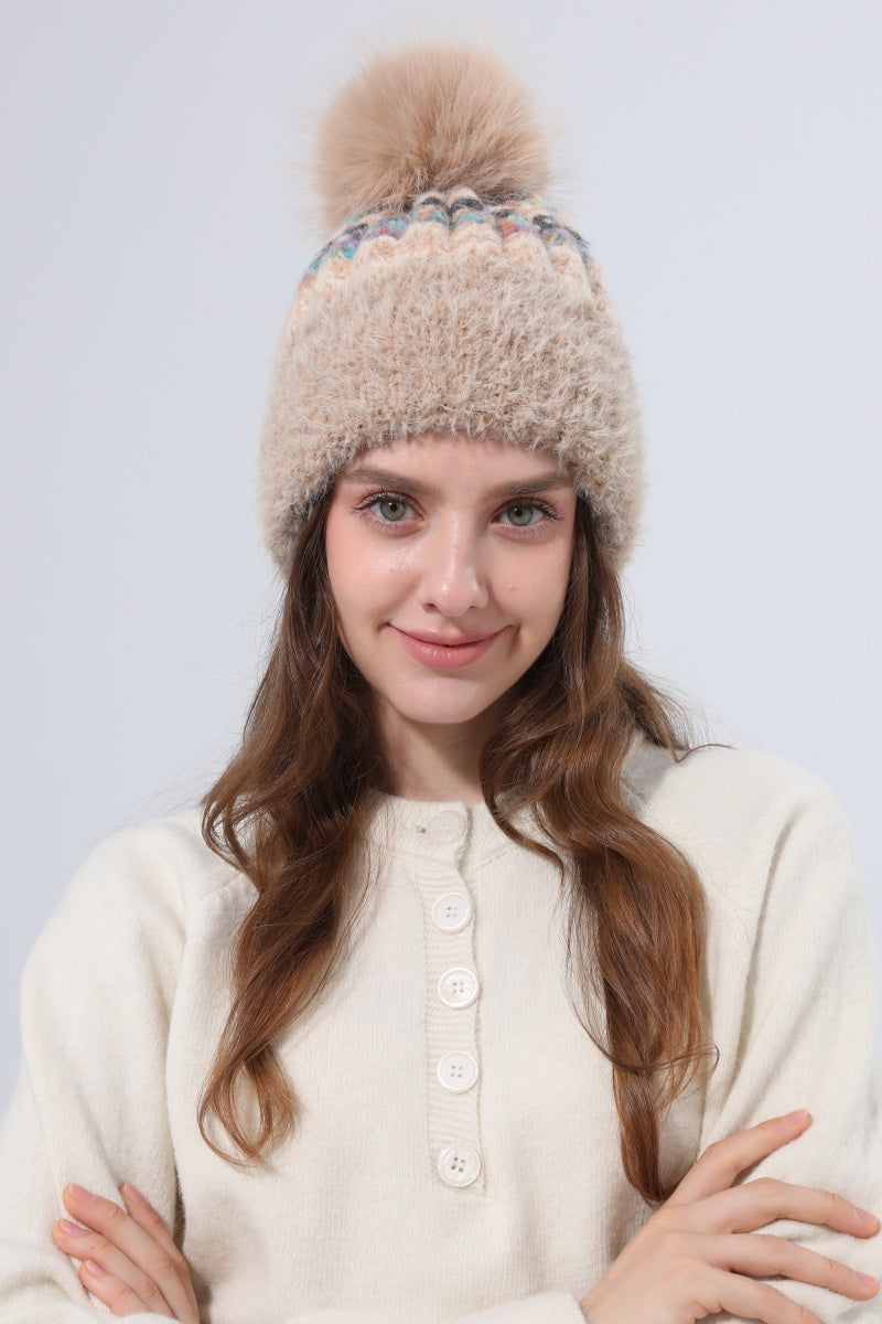 Women Color Mix Knit Beanie With Faux Fur Pom Pom Winter Hat - NeoKira Unlimited