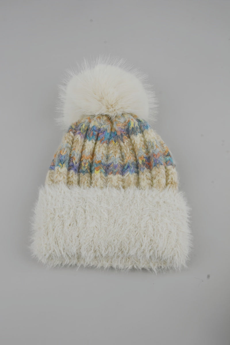 Women Color Mix Knit Beanie With Faux Fur Pom Pom Winter Hat - NeoKira Unlimited