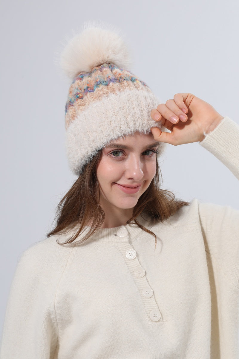Women Color Mix Knit Beanie With Faux Fur Pom Pom Winter Hat - NeoKira Unlimited