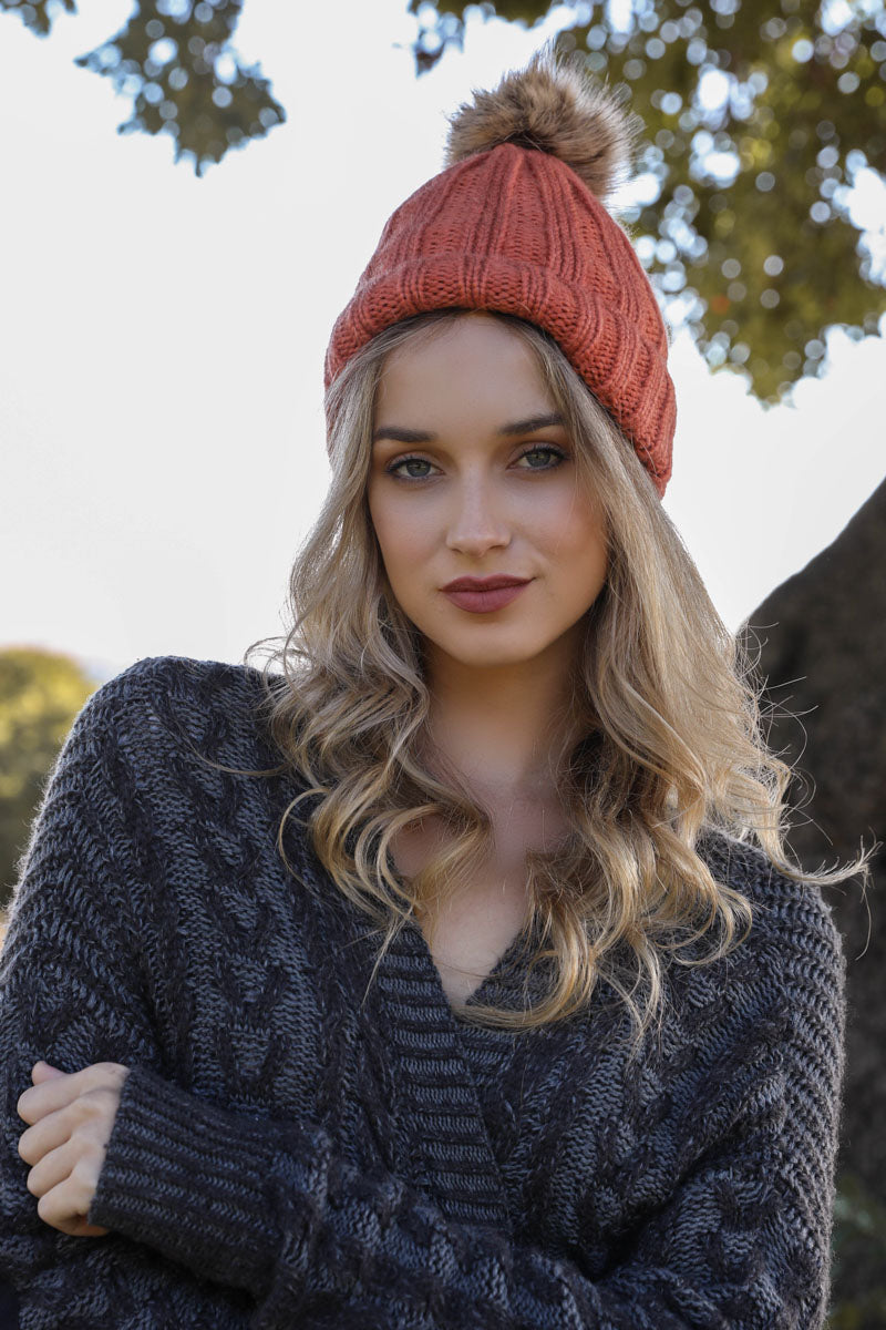 Basic Ribbed Pom Beanie Beanies Leto Collection Persimmon  