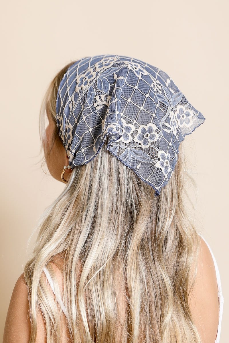 Bohemian Floral Lace Headscarf Hats & Hair Denim Blue