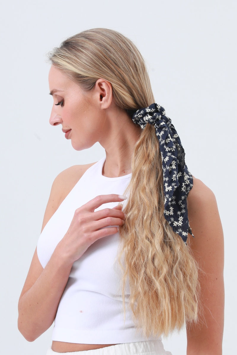 Vintage Charm: Floral Embroidered Cotton Scarf Scrunchie - NeoKira Unlimited