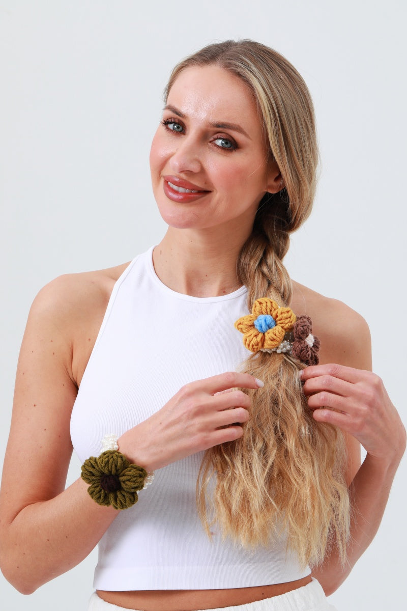 Crochet Daisy Pearl Scrunchie – Daily Wear Hair Accent - NeoKira Unlimited