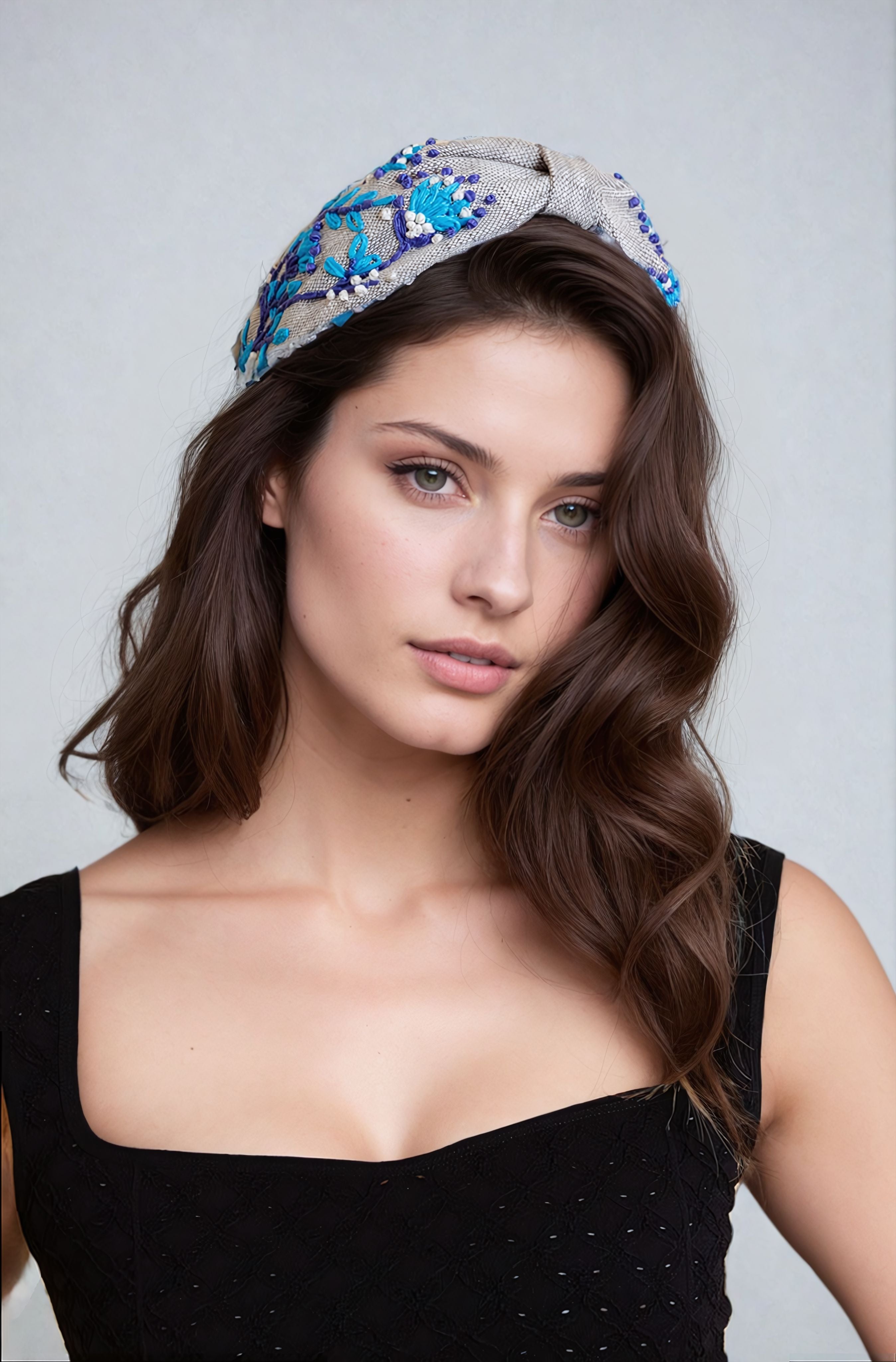 Aqua Blossom Embroidered Headband Headbands Leto Collection   