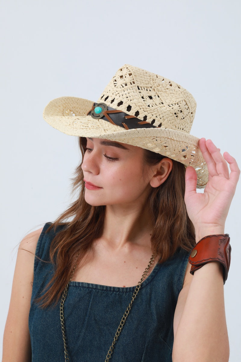 Boho Woven Raffia Cowboy Hat – Eco-Friendly Western Style - NeoKira Unlimited