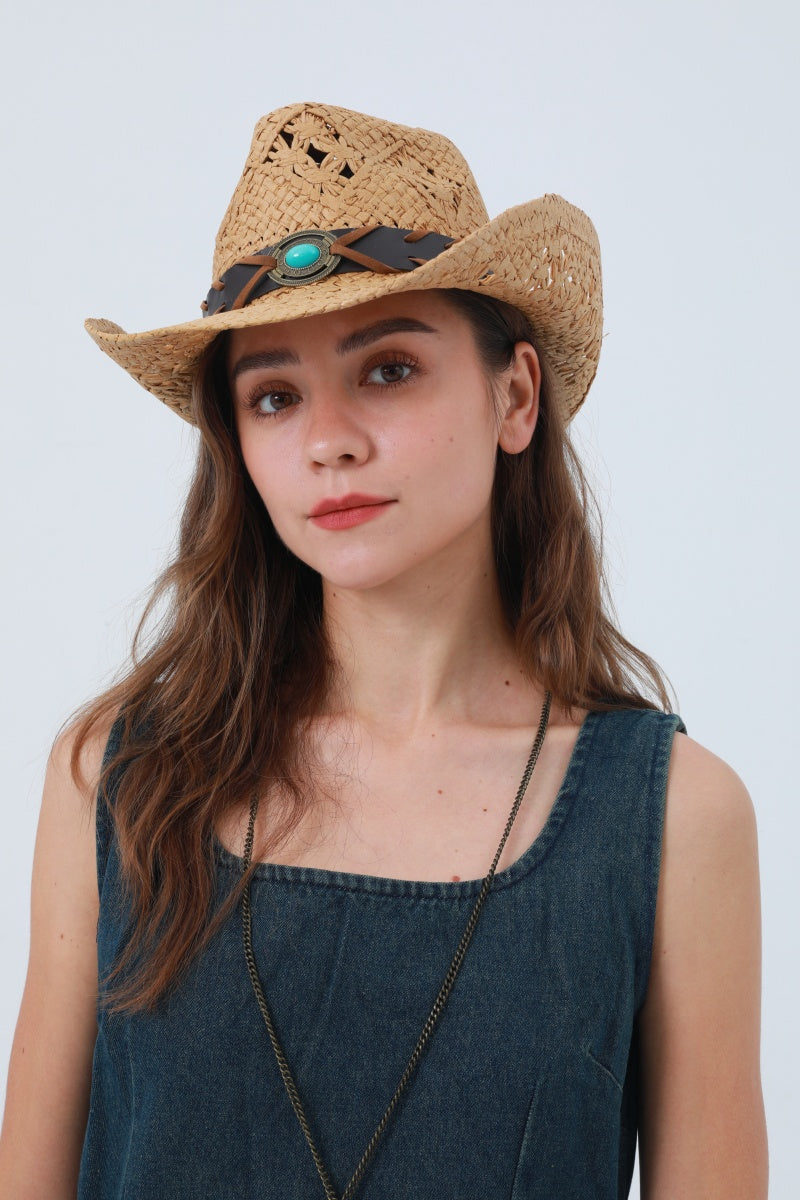 Boho Woven Raffia Cowboy Hat – Eco-Friendly Western Style - NeoKira Unlimited