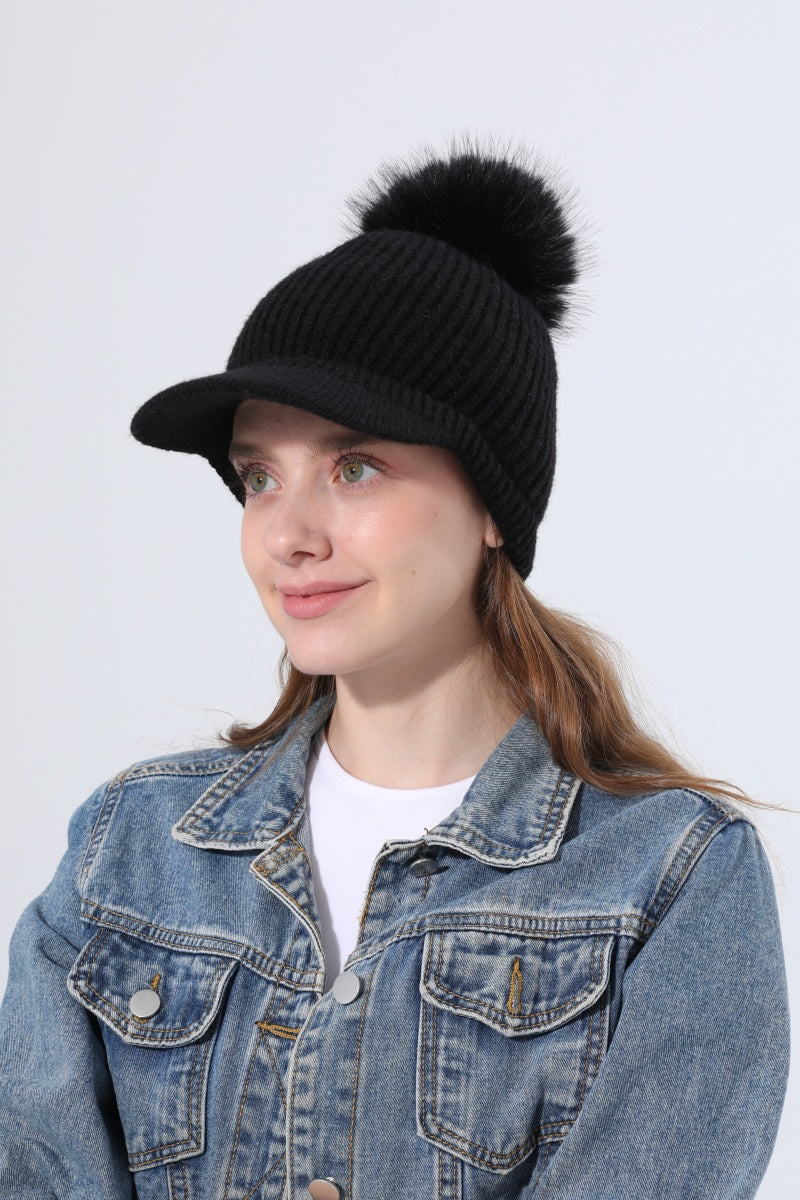 Women Ribbed Knit Visor Beanie With Faux Fur Pom Pom Winter Hat - NeoKira Unlimited