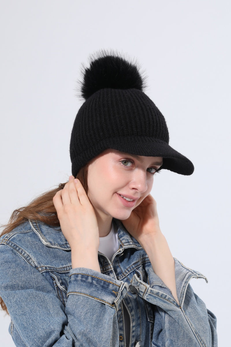 Women Ribbed Knit Visor Beanie With Faux Fur Pom Pom Winter Hat - NeoKira Unlimited