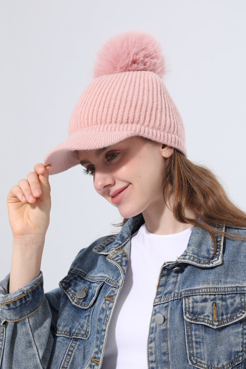 Women Ribbed Knit Visor Beanie With Faux Fur Pom Pom Winter Hat - NeoKira Unlimited