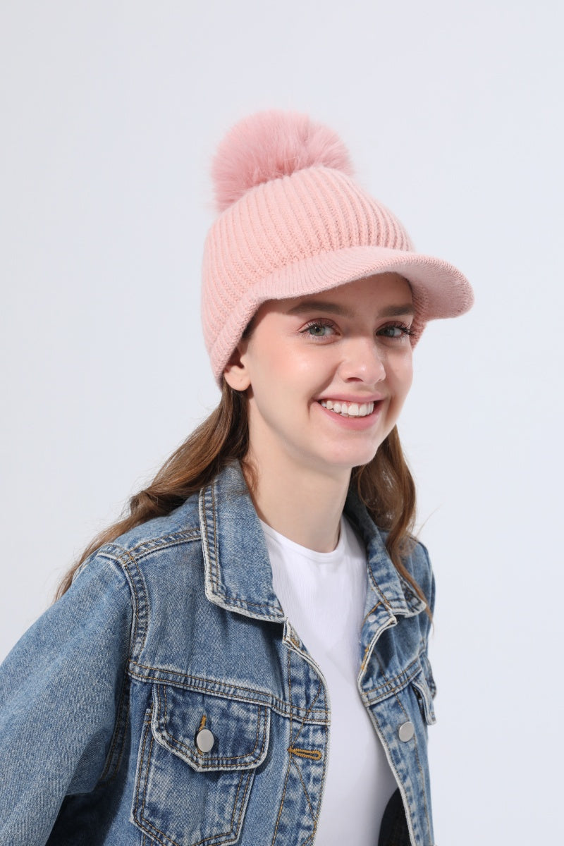 Women Ribbed Knit Visor Beanie With Faux Fur Pom Pom Winter Hat - NeoKira Unlimited