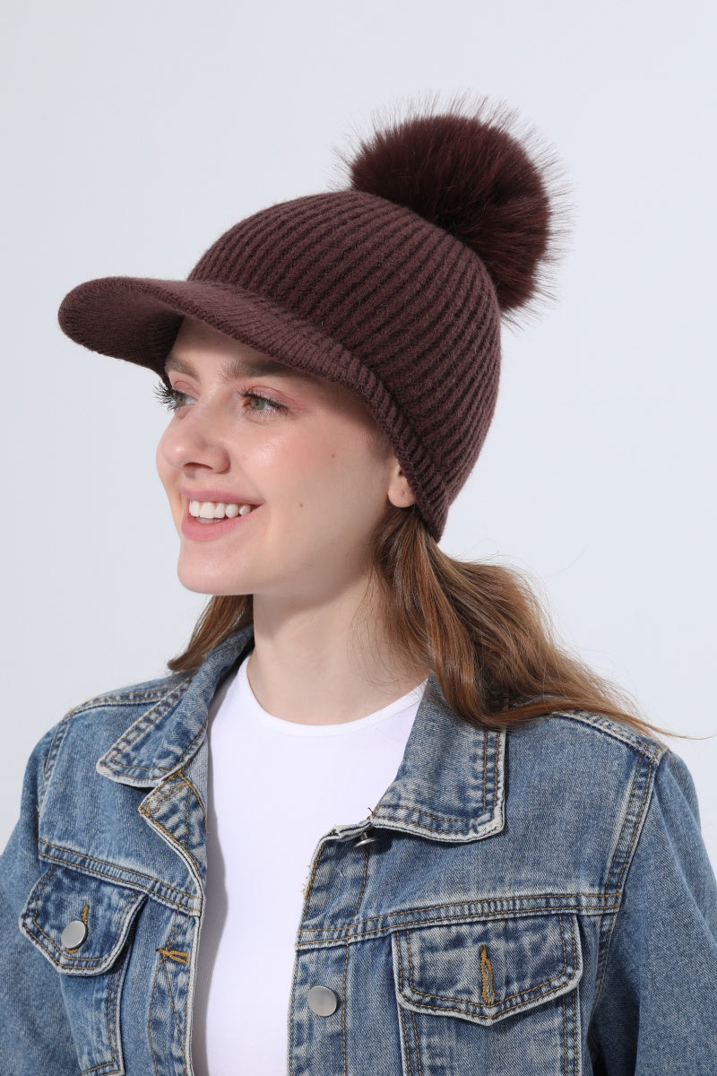 Women Ribbed Knit Visor Beanie With Faux Fur Pom Pom Winter Hat - NeoKira Unlimited