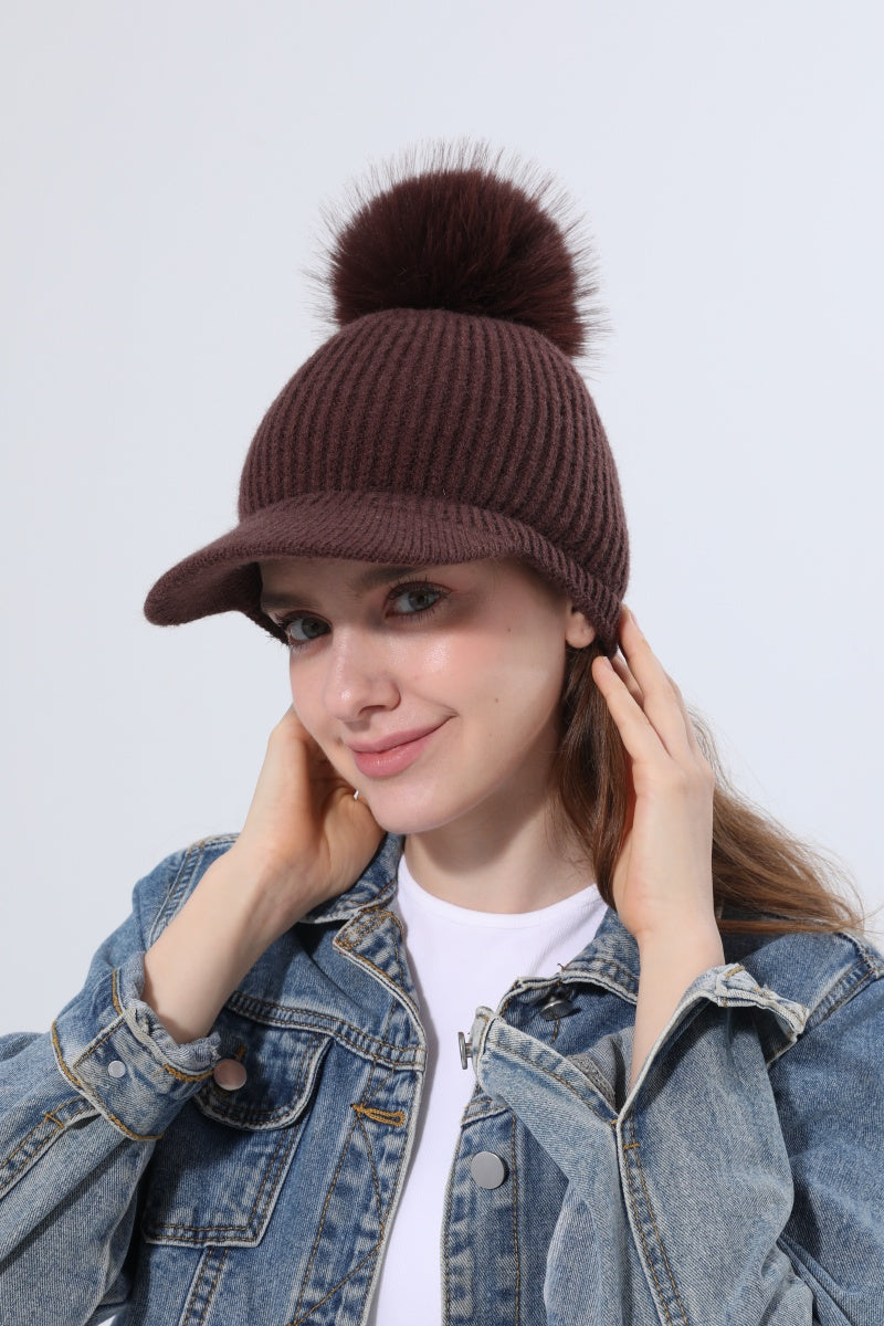 Women Ribbed Knit Visor Beanie With Faux Fur Pom Pom Winter Hat - NeoKira Unlimited