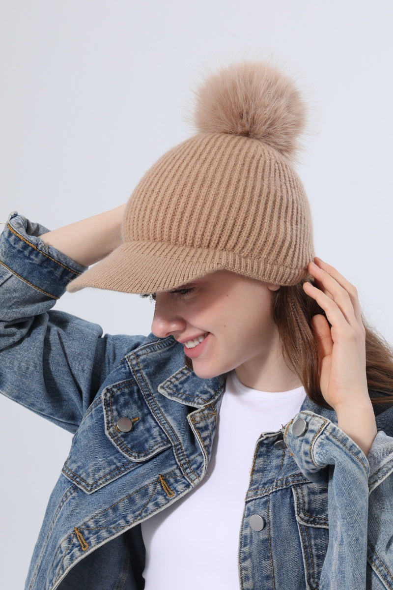 Women Ribbed Knit Visor Beanie With Faux Fur Pom Pom Winter Hat - NeoKira Unlimited