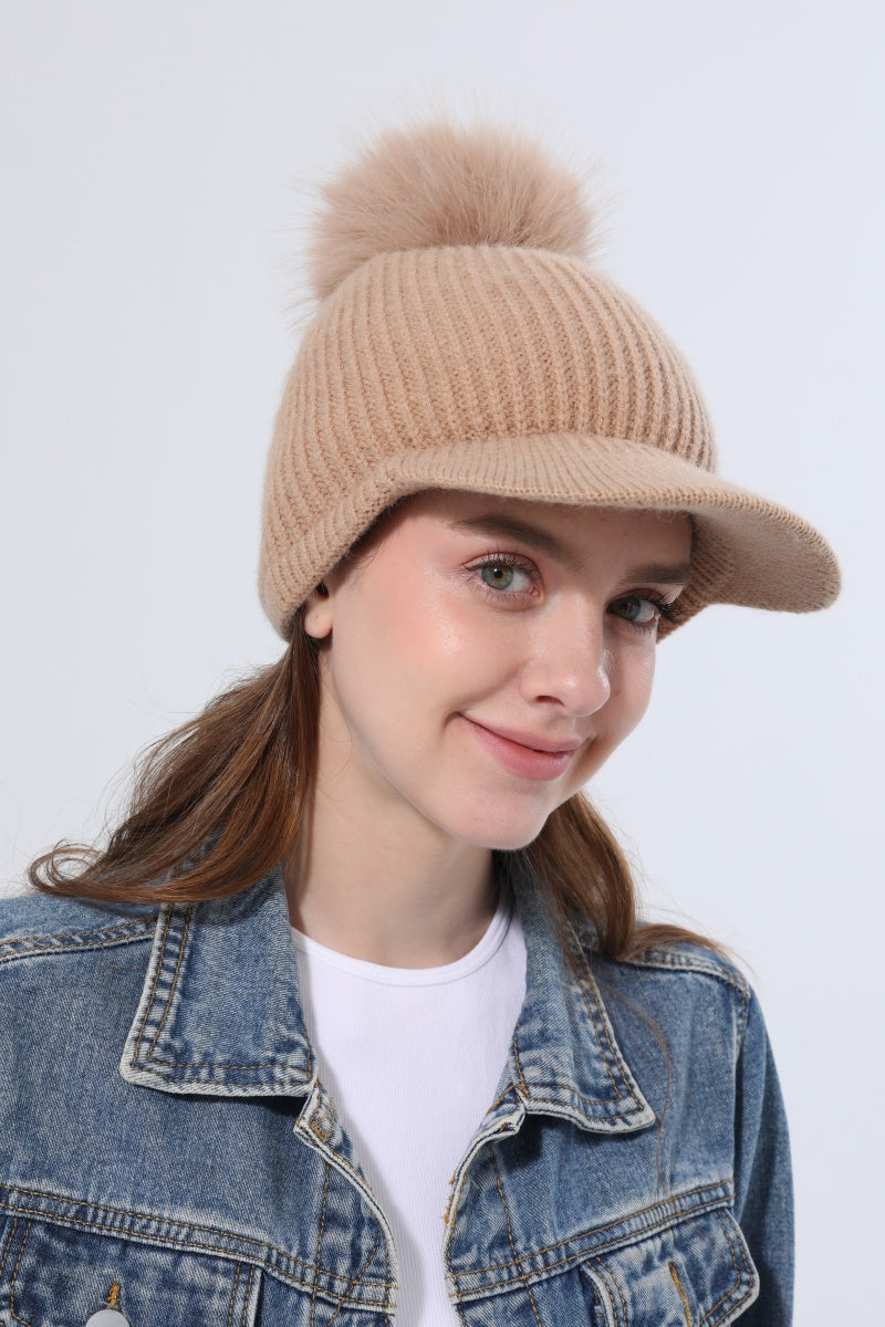 Women Ribbed Knit Visor Beanie With Faux Fur Pom Pom Winter Hat - NeoKira Unlimited