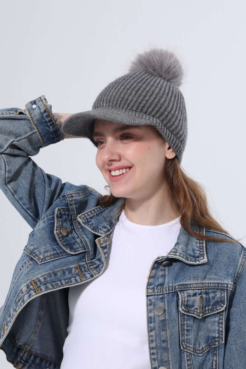Women Ribbed Knit Visor Beanie With Faux Fur Pom Pom Winter Hat - NeoKira Unlimited