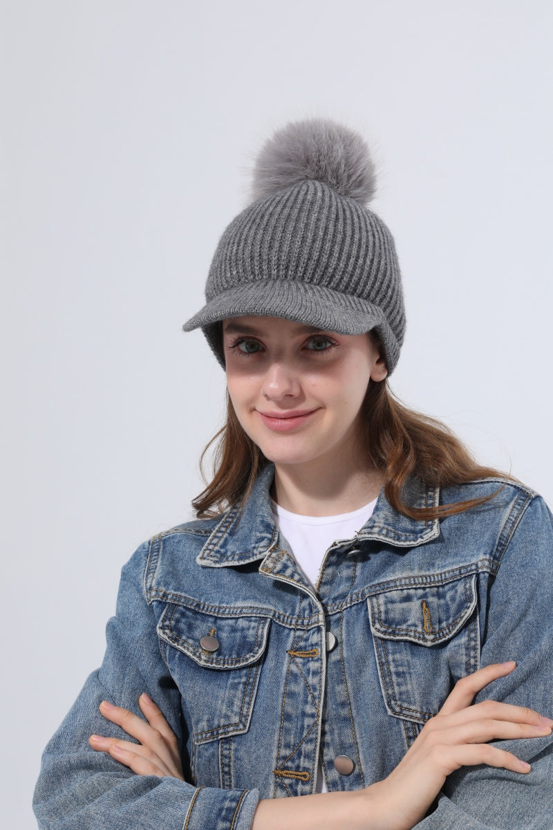 Women Ribbed Knit Visor Beanie With Faux Fur Pom Pom Winter Hat - NeoKira Unlimited