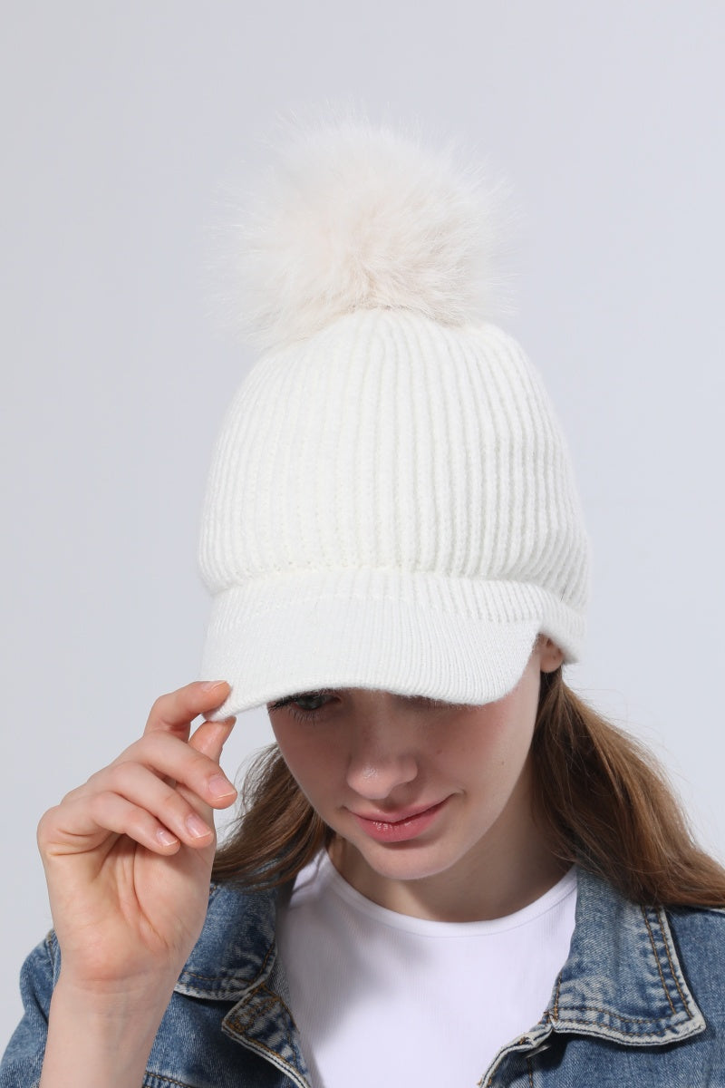 Women Ribbed Knit Visor Beanie With Faux Fur Pom Pom Winter Hat - NeoKira Unlimited
